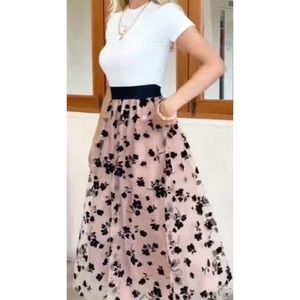 Floral Print Mesh Overlay Skirt